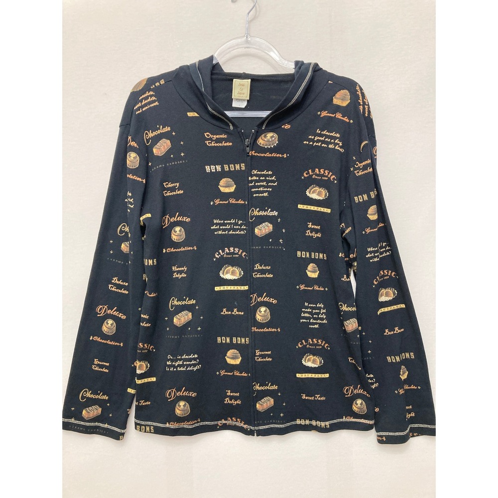 Jess & Jane Art To Wear Zip Up Hoodie Stretch Large Black Lightweight Jacket